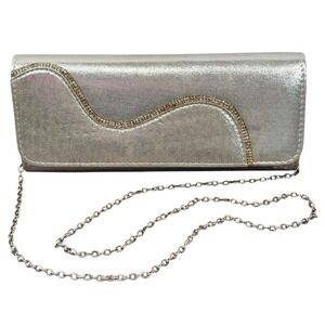 Silver Satin Clutch Purse Womens Small Rhinestone Trim Chain Strap Evening Bag